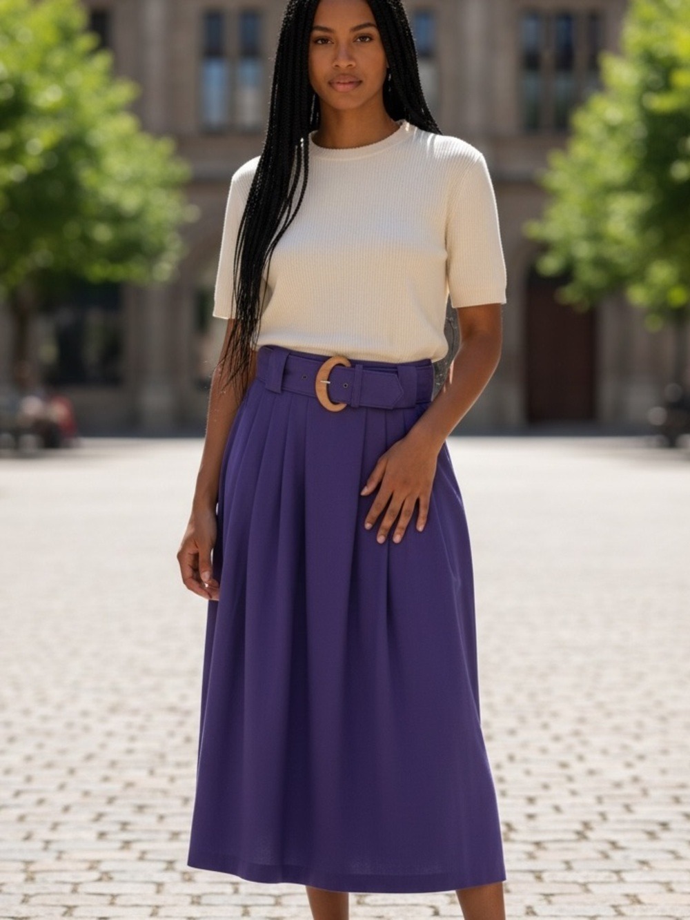 70s PURPLE PLEATED FULL MIDI SKIRT W CHUNKY BELT 2 POCKETS COTTAGECORE BOHO S